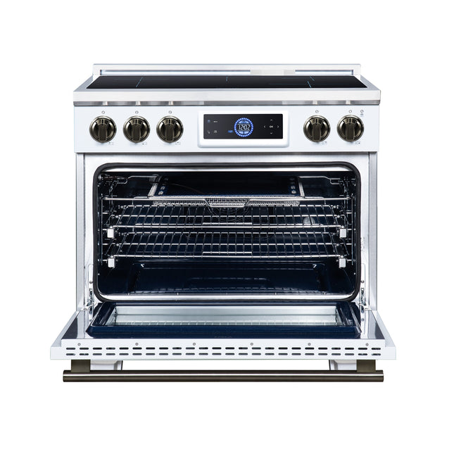 Maximus 36 Inch Induction Range, 10,900 Total Cooktop, 5.36 cf. True Convection Oven, Air Fryer, Air Sous Vide, White FORNO