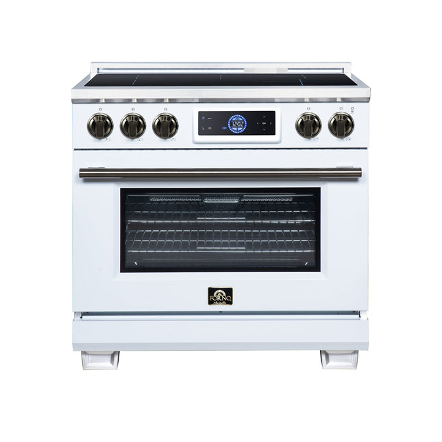 Maximus 36 Inch Induction Range, 10,900 Total Cooktop, 5.36 cf. True Convection Oven, Air Fryer, Air Sous Vide, White FORNO