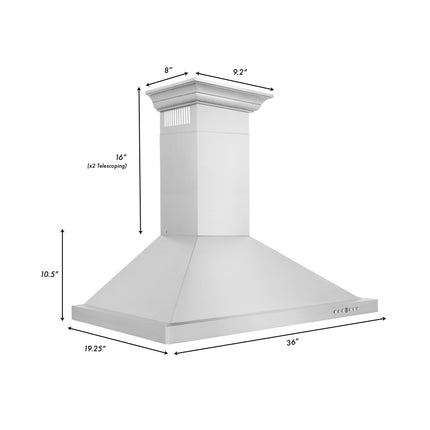 ZLINE 36" Convertible Vent Wall Mount Range Hood in Stainless Steel with Crown Molding (KBCRN-36)