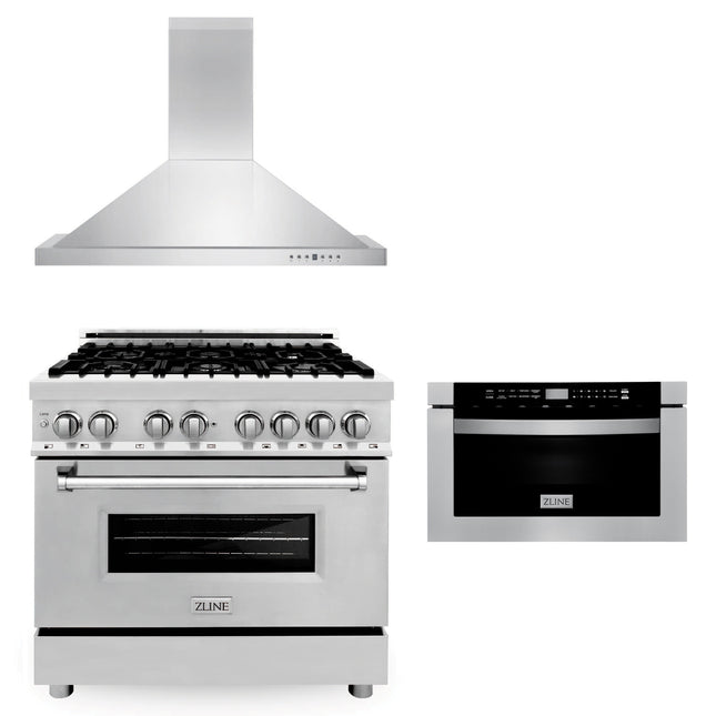 ZLINE 36 in. Kitchen Package with Stainless Steel Dual Fuel Range, Convertible Vent Range Hood and Microwave Drawer (3KP-RARH36-MW) Zline Appliances