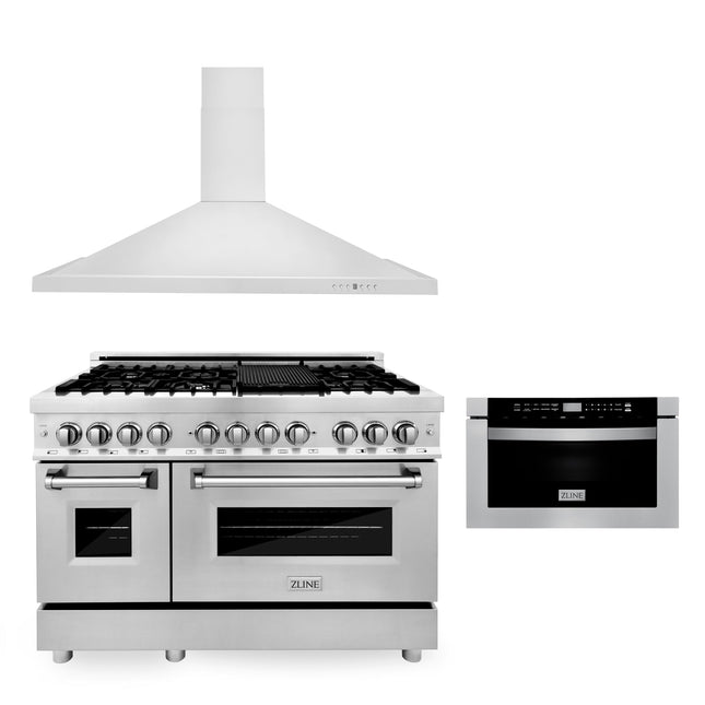 ZLINE 48 in. Kitchen Package with Stainless Steel Dual Fuel Range, Convertible Vent Range Hood and Microwave Drawer (3KP-RARH48-MW) Zline Appliances