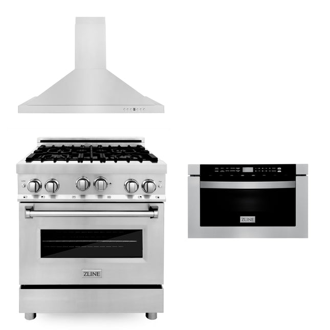 ZLINE 30 in. Kitchen Package with Stainless Steel Gas Range, Convertible Vent Range Hood and Microwave Drawer (3KP-RGRH30-MW) Zline Appliances