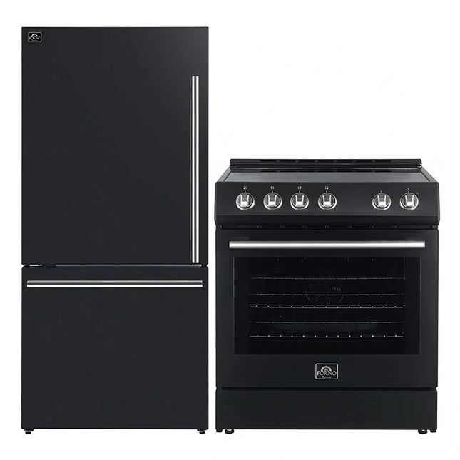 FORNO 2-Piece Black Kitchen Bundle - 30" Electric Range and 31" Bottom Freezer Refrigerator FORNO