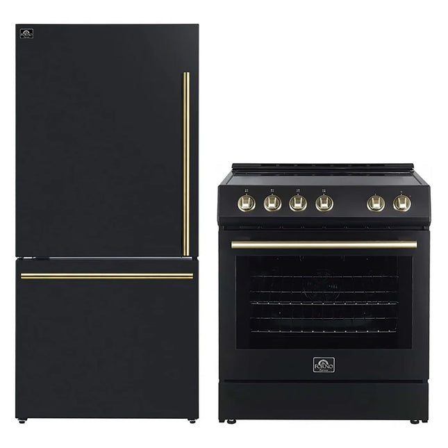 FORNO 2-Piece Black Kitchen Bundle - 30" Electric Range and 31" Bottom Freezer Refrigerator FORNO