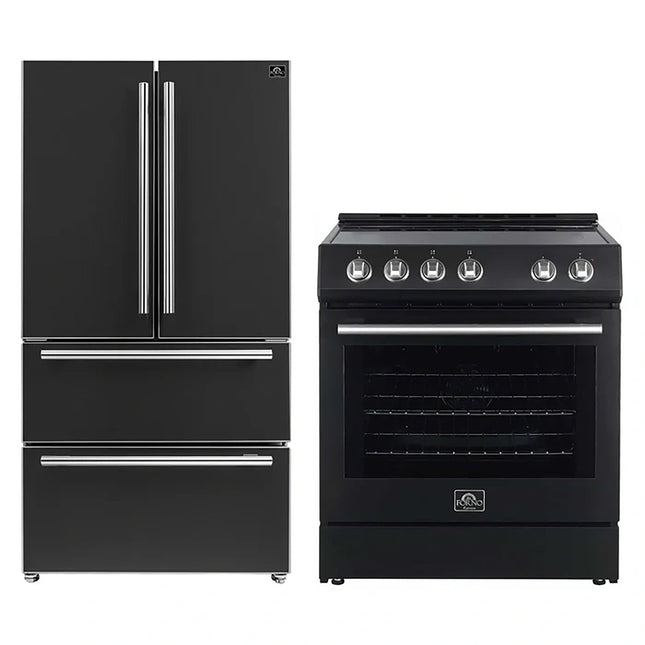 FORNO 2-Piece Black Kitchen Bundle - 30" Electric Range and 36" Bottom Freezer Refrigerator FORNO