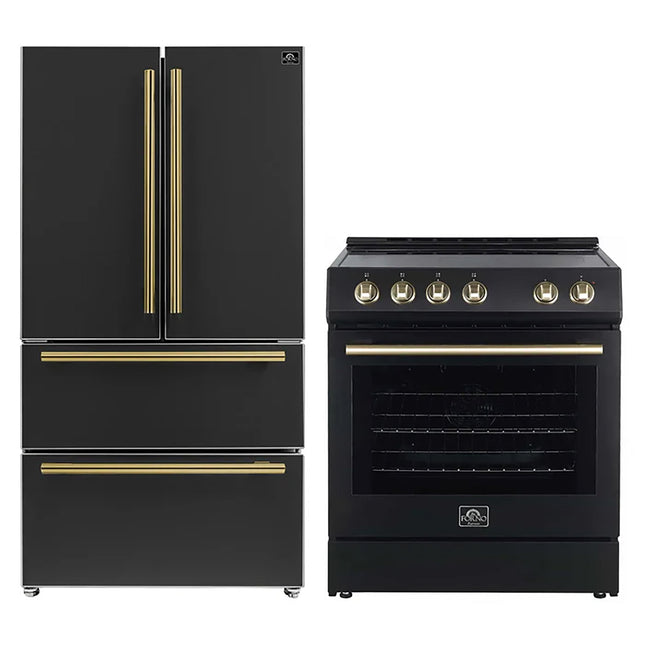 FORNO 2-Piece Black Kitchen Bundle - 30" Electric Range and 36" Bottom Freezer Refrigerator FORNO