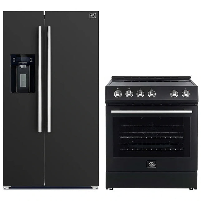 FORNO 2-Piece Black Kitchen Bundle - 30" Electric Range and 36" Bottom Freezer Refrigerator FORNO