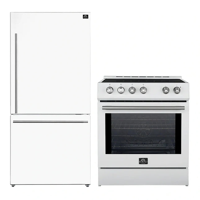 FORNO 2-Piece White Kitchen Bundle - 30" Induction Range and 31" Bottom Freezer Refrigerator FORNO