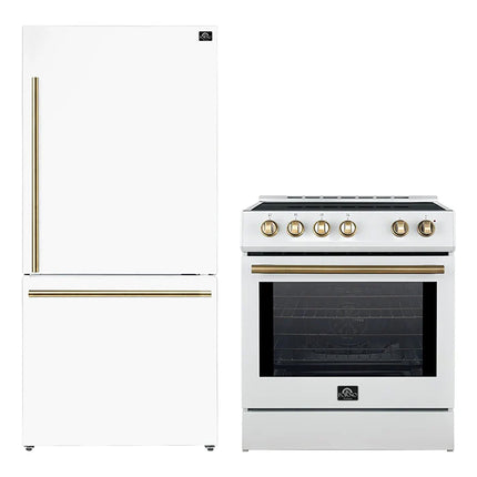 FORNO 2-Piece White Kitchen Bundle - 30" Induction Range and 31" Bottom Freezer Refrigerator FORNO