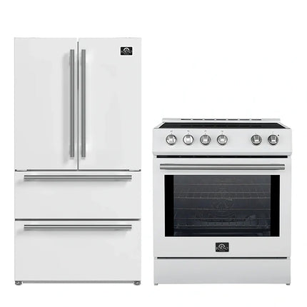 FORNO 2-Piece White Kitchen Bundle - 30" Induction Range and 36" Bottom Freezer Refrigerator FORNO