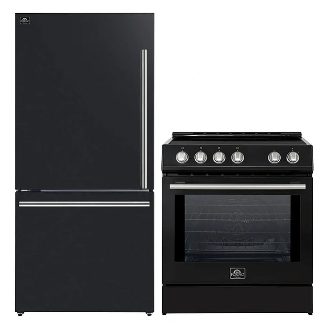 FORNO 2-Piece Black Kitchen Bundle - 30" Induction Range and 31" Bottom Freezer Refrigerator FORNO