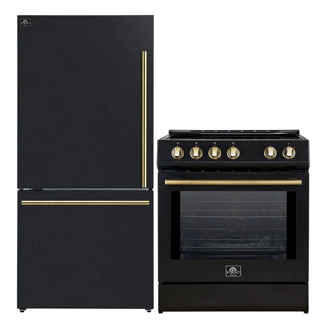 FORNO 2-Piece Black Kitchen Bundle - 30" Induction Range and 31" Bottom Freezer Refrigerator FORNO