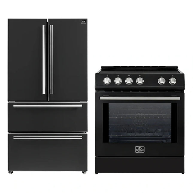 FORNO 2-Piece Black Kitchen Bundle - 30" Induction Range and 36" Bottom Freezer Refrigerator FORNO