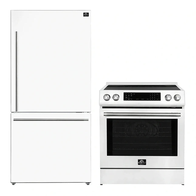 FORNO 2-Piece White Kitchen Bundle - 30" Induction Range and 31" Bottom Freezer Refrigerator FORNO