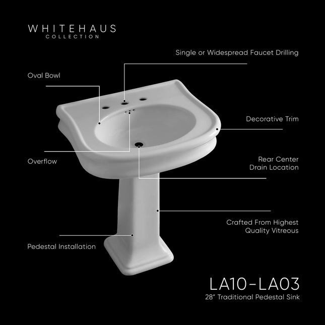 White Haus LA10-LA03-1H China Series traditional pedestal with integrated oval bowl, decorative trim and rear overflow-1 Hole Whitehaus