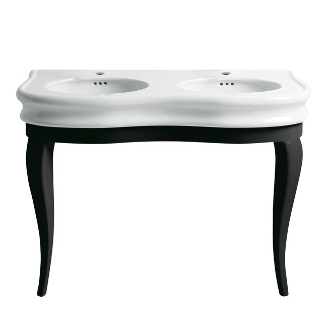 White Haus LA12-LAM120B China Series large, double bowl basin china console with oval bowls, overflow and black wooden leg supports Whitehaus