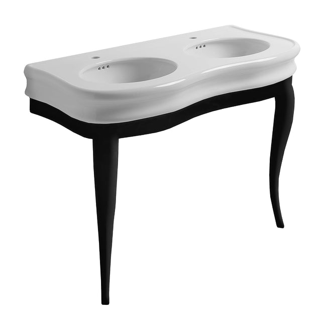 White Haus LA12-LAM120B China Series large, double bowl basin china console with oval bowls, overflow and black wooden leg supports Whitehaus