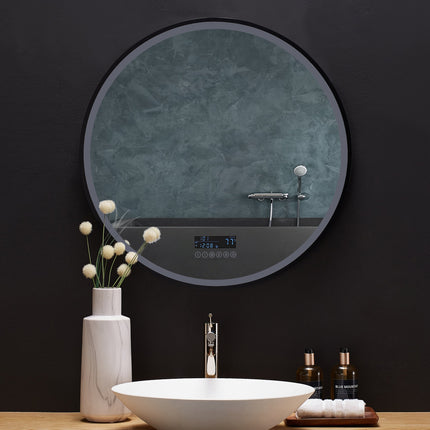 Cirque Round LED Lighted Bathroom Vanity Black Framed Mirror Ancerre Designs