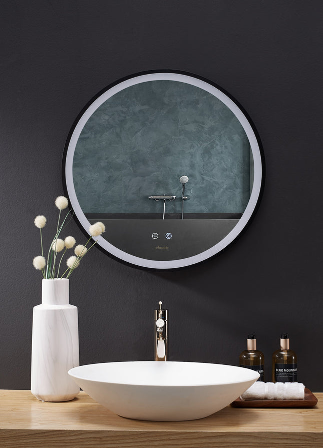 Cirque Round LED Lighted Bathroom Vanity Black Framed Mirror Ancerre Designs