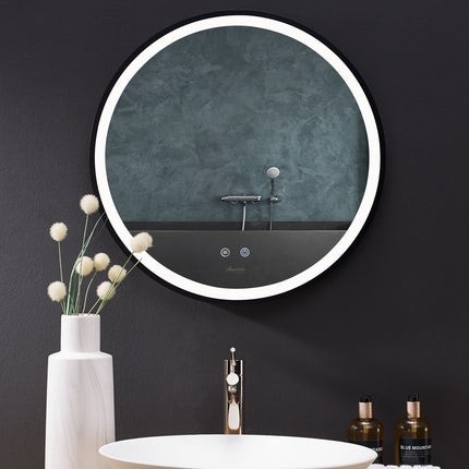 Cirque Round LED Lighted Bathroom Vanity Black Framed Mirror Ancerre Designs