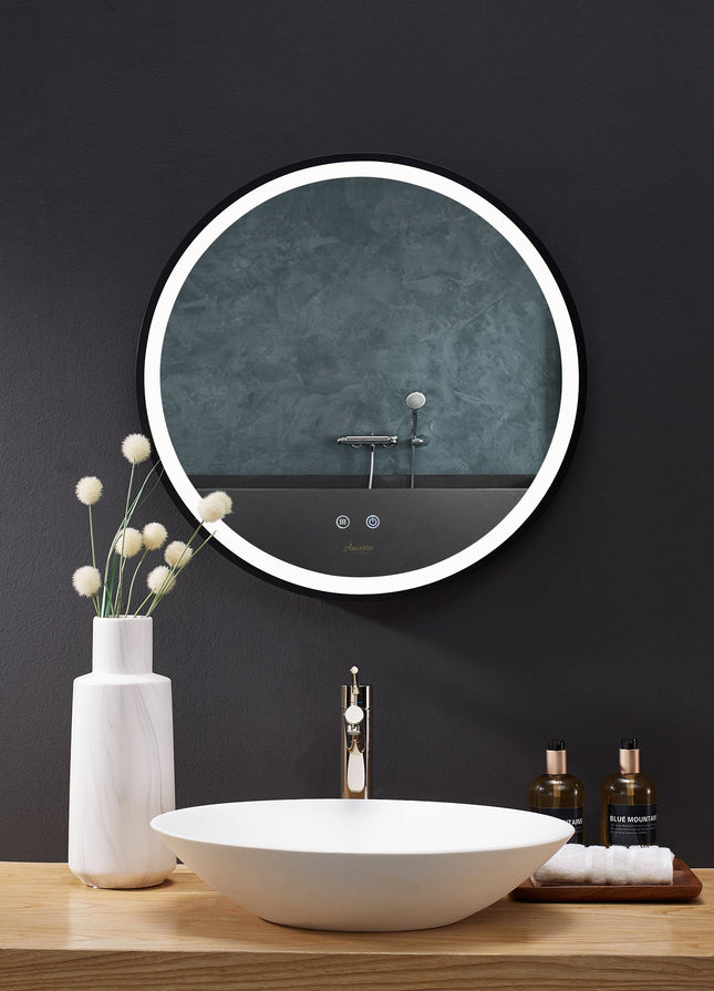 Cirque Round LED Lighted Bathroom Vanity Black Framed Mirror Ancerre Designs