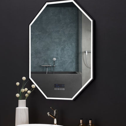 Otto LED Octagon Black Framed Lighted Bathroom Vanity Mirror with Bluetooth and Digital Display Ancerre Designs