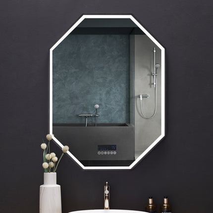 Otto LED Octagon Black Framed Lighted Bathroom Vanity Mirror with Bluetooth and Digital Display Ancerre Designs