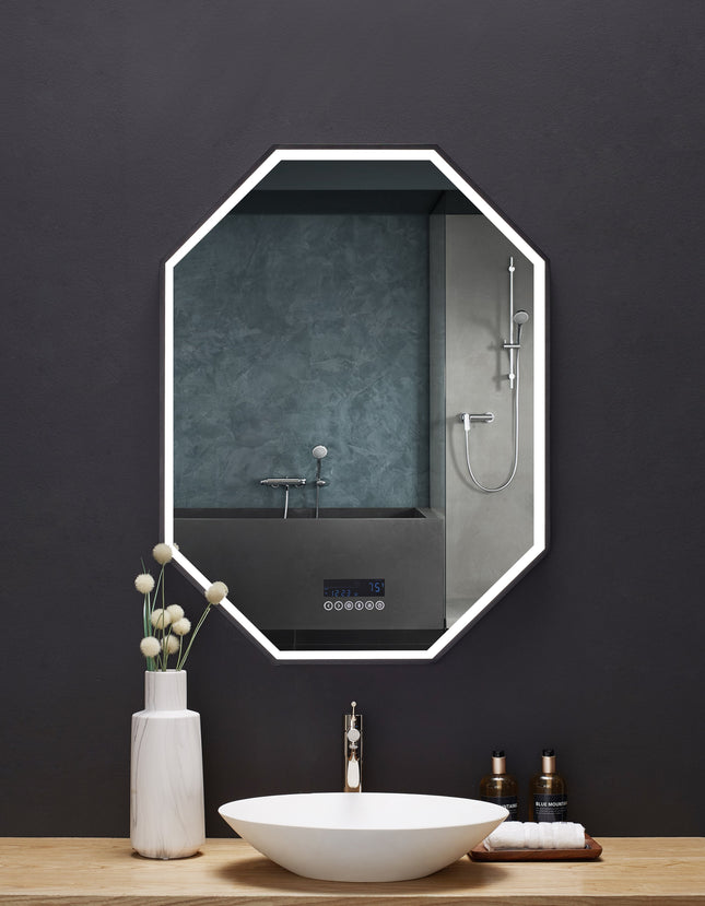 Otto LED Octagon Black Framed Lighted Bathroom Vanity Mirror with Bluetooth and Digital Display Ancerre Designs