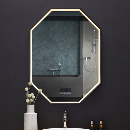 Otto LED Octagon Black Framed Lighted Bathroom Vanity Mirror with Bluetooth and Digital Display Ancerre Designs