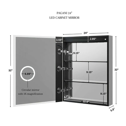 Pagani LED Mirror Cabinet with Defogger, Dimmer, Magnifier & USB outlet Ancerre Designs