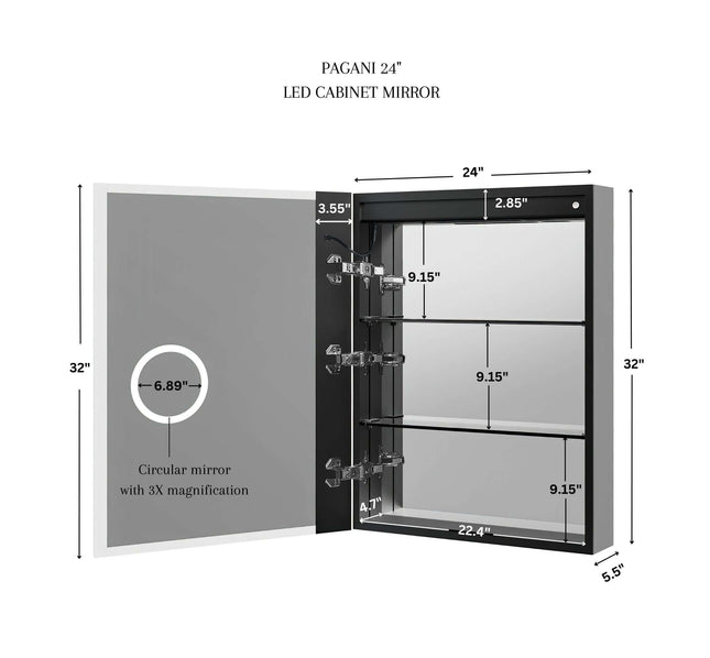 Pagani LED Mirror Cabinet with Defogger, Dimmer, Magnifier & USB outlet Ancerre Designs
