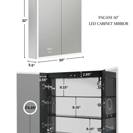 Pagani LED Mirror Cabinet with Defogger, Dimmer, Magnifier & USB outlet Ancerre Designs