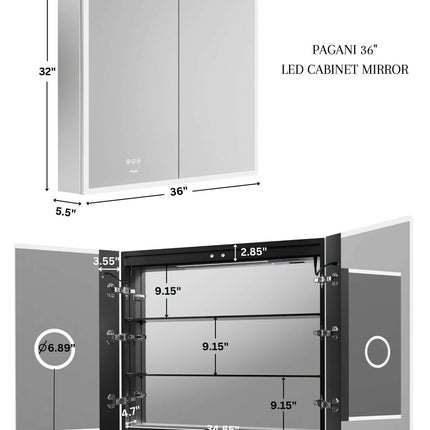 Pagani LED Mirror Cabinet with Defogger, Dimmer, Magnifier & USB outlet Ancerre Designs