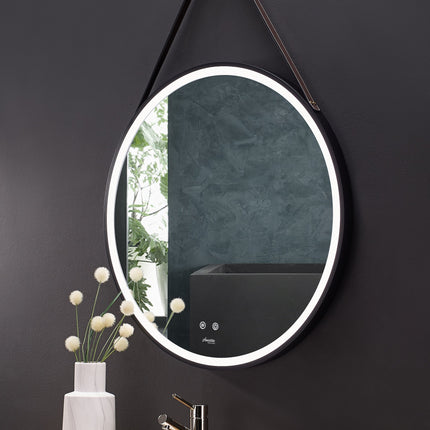 Sangle Round LED Mirror Black Framed Lighted Bathroom Vanity Mirror and Vegan Leather Strap Ancerre Designs