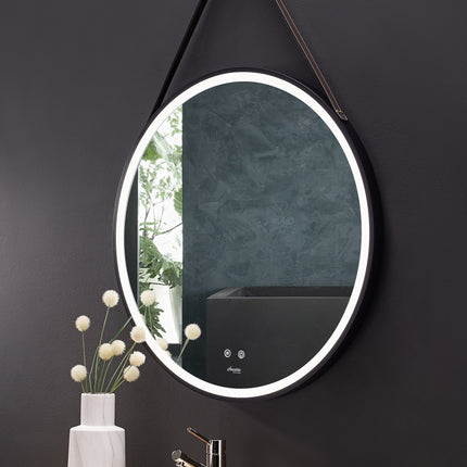 Sangle Round LED Mirror Black Framed Lighted Bathroom Vanity Mirror and Vegan Leather Strap Ancerre Designs