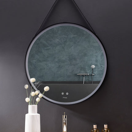 Sangle Round LED Mirror Black Framed Lighted Bathroom Vanity Mirror and Vegan Leather Strap Ancerre Designs