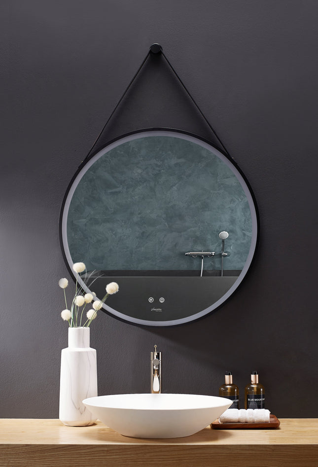 Sangle Round LED Mirror Black Framed Lighted Bathroom Vanity Mirror and Vegan Leather Strap Ancerre Designs