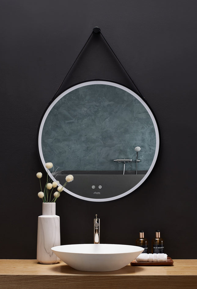 Sangle Round LED Mirror Black Framed Lighted Bathroom Vanity Mirror and Vegan Leather Strap Ancerre Designs
