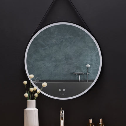Sangle Round LED Mirror Black Framed Lighted Bathroom Vanity Mirror and Vegan Leather Strap Ancerre Designs