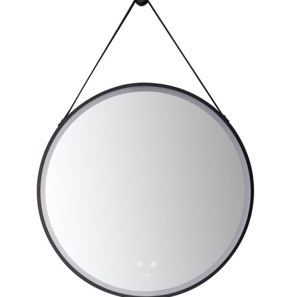 Sangle Round LED Mirror Black Framed Lighted Bathroom Vanity Mirror and Vegan Leather Strap Ancerre Designs