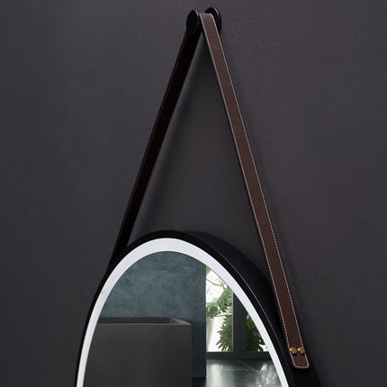 Sangle Round LED Mirror Black Framed Lighted Bathroom Vanity Mirror and Vegan Leather Strap Ancerre Designs