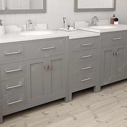 VHG MD-2193-DWQRO-GR-NM Caroline Parkway 93" Double Bath Vanity in Gray with White Quartz Top and Round Sinks