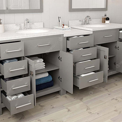 VHG MD-2193-DWQRO-GR-NM Caroline Parkway 93" Double Bath Vanity in Gray with White Quartz Top and Round Sinks