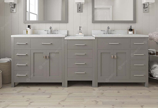 VHG MD-2193-DWQSQ-GR-NM Caroline Parkway 93" Double Bath Vanity in Gray with White Quartz Top and Square Sinks