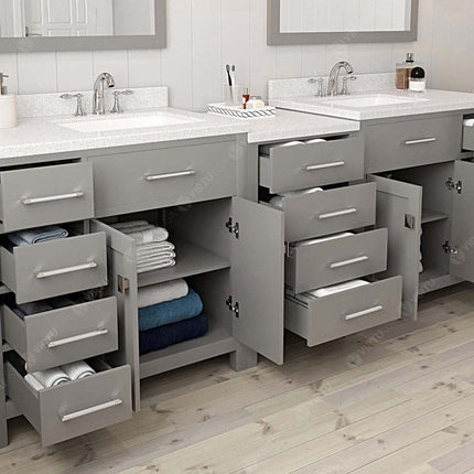 VHG MD-2193-DWQSQ-GR-NM Caroline Parkway 93" Double Bath Vanity in Gray with White Quartz Top and Square Sinks