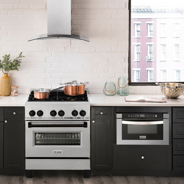 ZLINE Autograph Edition 30 in. 4.0 cu. ft. Legacy Dual Fuel Range with 4 Burner Gas Cooktop and Electric Convection Oven in Satin Stainless Steel and Matte Black Accents (RASZ-SN-30-MB)