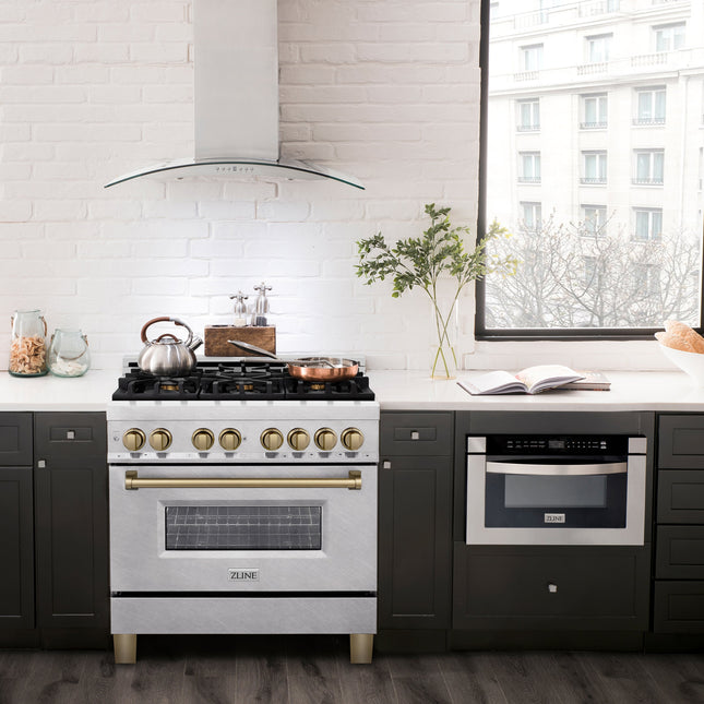 ZLINE Autograph Edition 36 in. 4.6 cu. ft. Legacy Dual Fuel Range with 6 Burner Gas Cooktop and Electric Convection Oven in Satin Stainless Steel and Champagne Bronze Accents (RASZ-SN-36-CB)