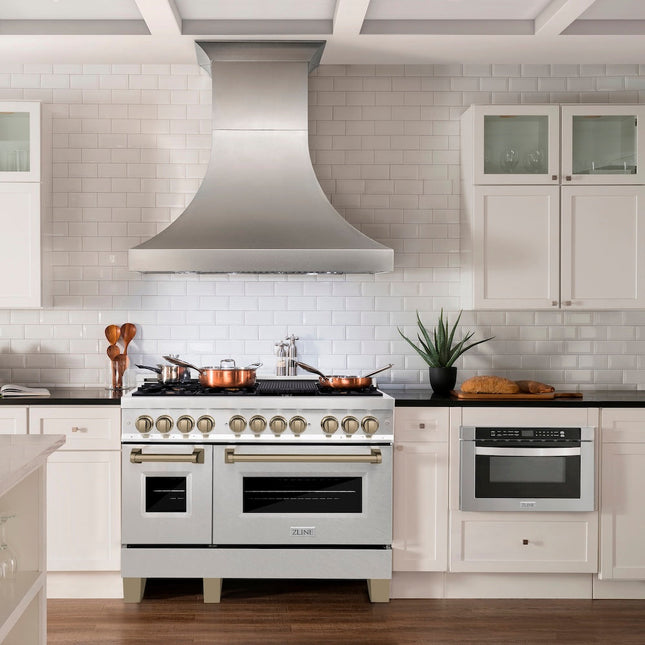 ZLINE Autograph Edition 48 in. 6.0 cu. ft. Legacy Dual Fuel Range with 7 Burner Gas Cooktop and 2 Electric Ovens in Satin Stainless Steel and Champagne Bronze Accents (RASZ-SN-48-CB)