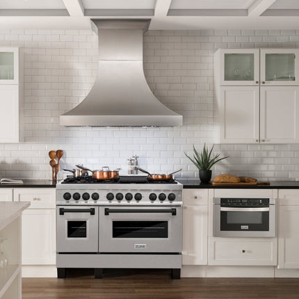 ZLINE Autograph Edition 48 in. 6.0 cu. ft. Legacy Dual Fuel Range with 7 Burner Gas Cooktop and 2 Electric Ovens in Satin Stainless Steel and Matte Black Accents (RASZ-SN-48-MB)