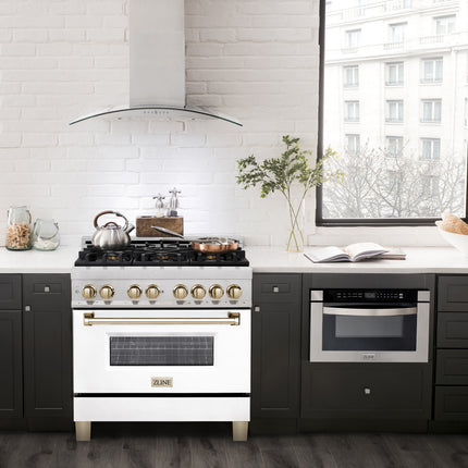 ZLINE Autograph Edition 36 in. 4.6 cu. ft. Legacy Dual Fuel Range with 6 Burner Gas Cooktop and Electric Convection Oven in Satin Stainless Steel with White Matte Door and Polished Gold Accents (RASZ-WM-36-G)